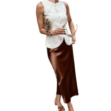 Women Long Satin Skirt Silk Elegant High Waist Cocktail Party Wedding Flowy A- Midi Skirts Brown XL