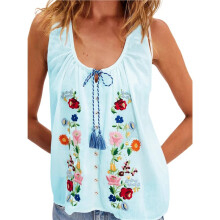 Blusa Cropped Feminina Estilo Babydoll com Amarração Frontal e Estampa Floral, Ideal para Sair À Noite Azul Claro L