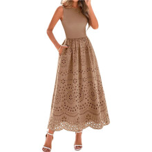 Vestido Longo Feminino de Verão, Sem Mangas, Gola Redonda, Estilo Boho, com Renda e Detalhes Vazados, Bolsos Cáqui S