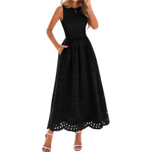 Vestido Longo Feminino de Verão, Sem Mangas, Gola Redonda, Estilo Boho, com Renda e Detalhes Vazados, Bolsos Preto S