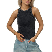 Regata Feminina de Gola Alta com Lavagem Ácida, Top Cropped Sem Mangas em Malha Canelada Preto M