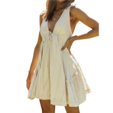 Women Halter Deep V Neck Dress Flowy Irregular Ruffle Hem Backless Dresses Apricot M