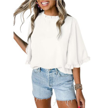 Blusas Femininas de Manga Curta, Blusas de Chiffon Fofas, Camisas de Verão com Babados Nas Mangas Branco XXL