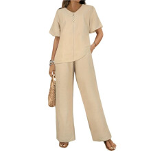 Conjunto Feminino de Duas Peças com Decote em V, Blusa de Manga Curta e Calça Comprida Casual, Moderno e Elegante. Cáqui L