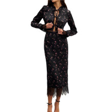 Vestido Longo Feminino de Chiffon - Manga Comprida, Floral, Ideal para Convidadas de Casamento, com Bolsos Preto L