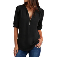 Blusas Femininas de Manga 3/4 com Zíper, Decote em V e Gola Alta, Estilo Túnica Casual para o Trabalho, Na Moda Primavera. Preto M