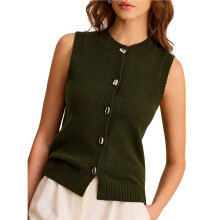 Regatas de Tricô Femininas Leves para o Verão, Cardigã Sem Mangas com Botões, Roupas Casuais de Malha Verde-Militar L