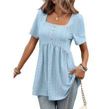 Camiseta Feminina de Cor Sólida, Manga Curta, Decote Quadrado, Botões Frontais, Modelagem Solta, Ideal para o Verão. Azul Celeste S