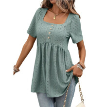 Camiseta Feminina de Cor Sólida, Manga Curta, Decote Quadrado, Botões Frontais, Modelagem Solta, Ideal para o Verão. Verde Escuro L