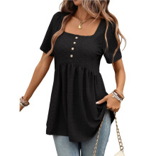Camiseta Feminina de Cor Sólida, Manga Curta, Decote Quadrado, Botões Frontais, Modelagem Solta, Ideal para o Verão. Preto XL