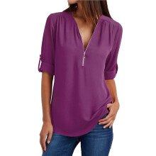 Blusas Femininas de Manga 3/4 com Zíper, Decote em V e Gola Alta, Estilo Túnica Casual para o Trabalho, Na Moda Primavera. Roxo S