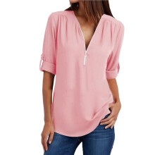Blusas Femininas de Manga 3/4 com Zíper, Decote em V e Gola Alta, Estilo Túnica Casual para o Trabalho, Na Moda Primavera. Rosa 5XL