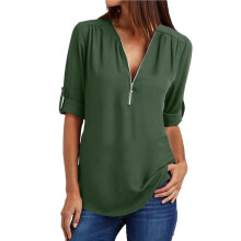 Blusas Femininas de Manga 3/4 com Zíper, Decote em V e Gola Alta, Estilo Túnica Casual para o Trabalho, Na Moda Primavera. Verde-Militar L