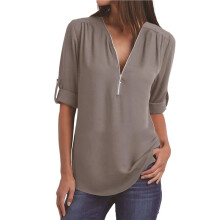 Blusas Femininas de Manga 3/4 com Zíper, Decote em V e Gola Alta, Estilo Túnica Casual para o Trabalho, Na Moda Primavera. Cinza XL