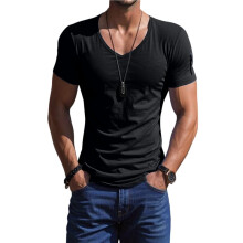 Camiseta Masculina de Manga Curta com Decote em V, Estilo Muscle, Ideal para Academia, Treino e Atividades Físicas. Preto XXL