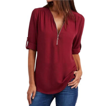 Blusas Femininas de Manga 3/4 com Zíper, Decote em V e Gola Alta, Estilo Túnica Casual para o Trabalho, Na Moda Primavera. Vinho Tinto XXXL