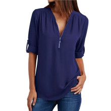 Blusas Femininas de Manga 3/4 com Zíper, Decote em V e Gola Alta, Estilo Túnica Casual para o Trabalho, Na Moda Primavera. Azul Escuro 5XL
