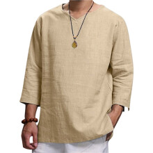 Camisa Masculina de Praia com Decote em V, Cordão e Manga Curta Cáqui XXL
