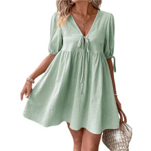 Vestidos de Verão Femininos Casuais com Decote em V, Amarração Na Cintura, Manga Curta, Cintura Alta e Corte em A. Verde Claro L