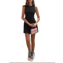 Vestido Curto Feminino de Verão com Botões, Gola Redonda, Sem Mangas e Amarração Nas Costas para o Trabalho. Preto XXL