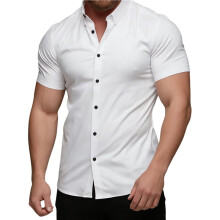 Camisa Masculina de Manga Curta com Botões, Modelagem Justa, Ideal para o Verão, com Alta Elasticidade e Que Não Amassa Branco L