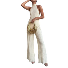 Conjunto Feminino de Duas Peças: Top Sem Mangas com Alças no Pescoço e Calça Pantalona Cáqui S
