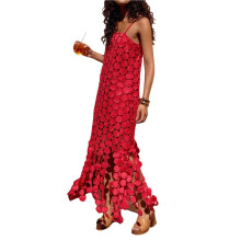 Vestido Midi Feminino Sem Mangas com Franjas, Estilo Melindrosa Vermelho L