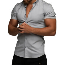 Camisas de Hombre Ajustadas con Botones, de Manga Corta, Informales, de Verano, Muy Elásticas y Sin Arrugas Gris Claro XL