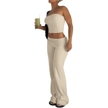 Damen 2-Teiliges Sommer-Set: Trägerloses Crop-Top und Schlaghose, Passendes Outfit Aprikosenfarbe M