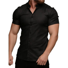 Camisa Masculina de Manga Curta com Botões, Modelagem Justa, Ideal para o Verão, com Alta Elasticidade e Que Não Amassa Preto L