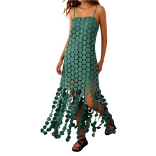 Vestido Midi Feminino Sem Mangas com Franjas, Estilo Melindrosa Verde S
