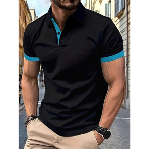 Camisas Masculinas de Golfe com Modelagem Regular e Tecido Elástico Preto & Azul. L 2