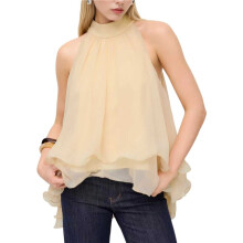 Blusa Feminina de Chiffon Sem Mangas, Gola Alta, Corte Assimétrico, Ideal para o Verão Amarelo XL