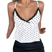 Damen-Tanktop mit V-Ausschnitt, Spaghettiträgern, Polka-Dots und Spitze im Y2K-Stil Schwarz S