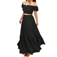 Conjunto Feminino de Duas Peças, Blusa e Saia Floral para Primavera, Páscoa e Férias de Verão Na Praia Preto M