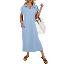 Vestido Midi Feminino Casual de Verão, Manga Curta, Decote em V, Modelagem Solta e Fenda, Ideal para Praia e Férias Azul XL