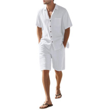Mannen'S Linnenmix Korte Mouwen Shirt & Shorts Set, Casual Zomer 2-Delige Outfit Wit XL