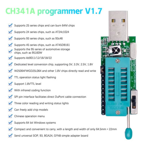 CH341A Programmer V1.7 1.8V Level Shift W25Q64FW W25Q128FW Gd25LQ64 Programmer Module W/Adapter Board 2