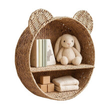 Woven Wall Basket Shelf Bear Nursery Decor,Boho Handwoven Hanging Wall Decor for Kids Room, Paper Rope Stuffed Animal