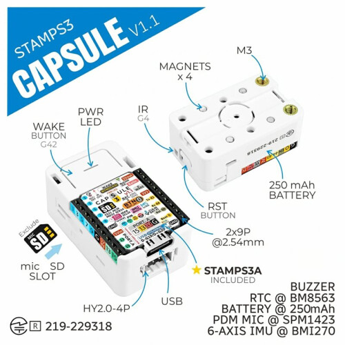 Capsule V1.1 Embedded IoT Ontwikkelbord, Upgrade van Capsule, Stamp-S3A Hoofdcontroller BMI270 IMU SPM1423 Microfoon 2