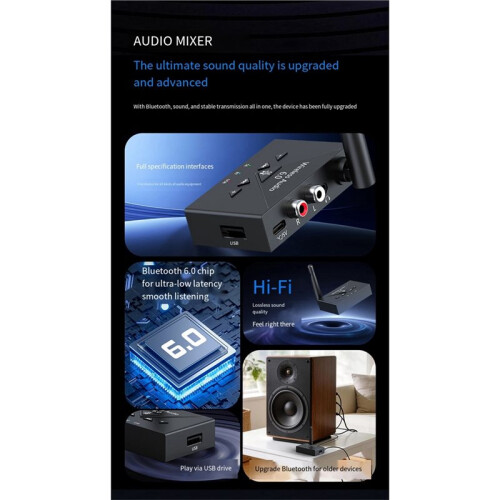 Audio Adapter  6.0 SE Mode 3.5mm AUX/RCA/USB-C Wireless Stereo Receiver Transmitter Connect Two Devices 1