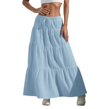 Saia Maxi Feminina Boho Fluida com Babados e Cintura Elástica para o Verão e Primavera Azul Celeste M