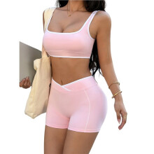 Conjunto Feminino de Top Esportivo e Shorts de Cintura Alta para Academia, Ioga e Atividades Físicas Rosa M