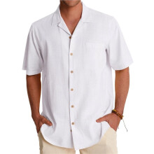 Camisas Masculinas de Linho, Manga Curta, com Botões, para o Verão, Ideais para Praia Branco L