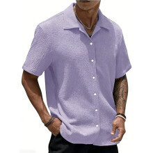 Camisas Masculinas de Manga Curta com Botões, Ideais para Férias, Moda Praia e Verão Roxo Claro L