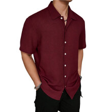 Camisas Masculinas de Manga Curta com Botões, Ideais para Férias, Moda Praia e Verão Vinho Tinto M