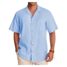 Camisas Masculinas de Linho, Manga Curta, com Botões, para o Verão, Ideais para Praia Azul Claro L