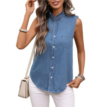 Blusa Feminina Regata Jeans com Decote em V, Gola com Botões e Sem Mangas, Estilo Casual. Azul XL