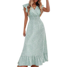 Vestido Longo Floral Boho Feminino, Manga Curta, Decote em V, Fluido, para Praia, Férias ou Casamentos Verde Claro L