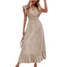 Vestido Longo Floral Boho Feminino, Manga Curta, Decote em V, Fluido, para Praia, Férias ou Casamentos Castanho Claro M